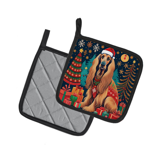Afghan Hound Christmas Pair of Pot Holders Kitchen Heat Resistant Pot Holders Sets Oven Hot Pads for Cooking Baking BBQ, 7 1/2 x 7 1/2