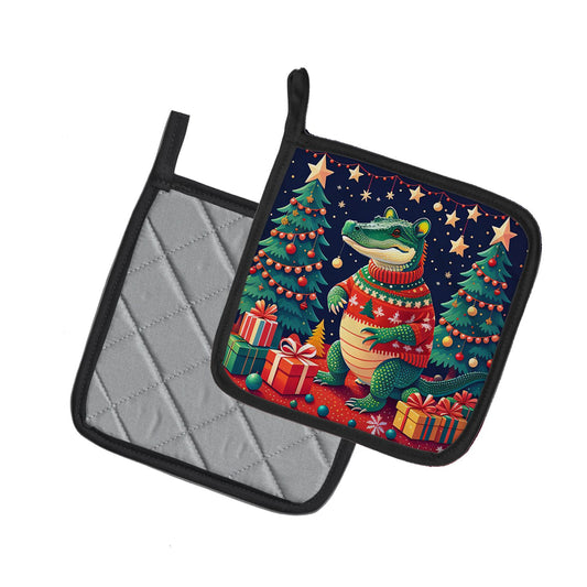 Alligator Christmas Pair of Pot Holders Kitchen Heat Resistant Pot Holders Sets Oven Hot Pads for Cooking Baking BBQ, 7 1/2 x 7 1/2