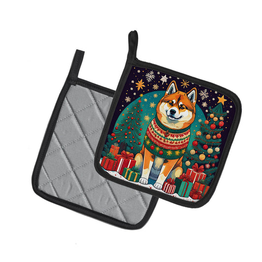 Akita Christmas Pair of Pot Holders Kitchen Heat Resistant Pot Holders Sets Oven Hot Pads for Cooking Baking BBQ, 7 1/2 x 7 1/2