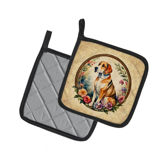 American Foxhound and Flowers Pair of Pot Holders Kitchen Heat Resistant Pot Holders Sets Oven Hot Pads for Cooking Baking BBQ, 7 1/2 x 7 1/2