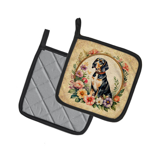 American English Coonhound and Flowers Pair of Pot Holders Kitchen Heat Resistant Pot Holders Sets Oven Hot Pads for Cooking Baking BBQ, 7 1/2 x 7 1/2